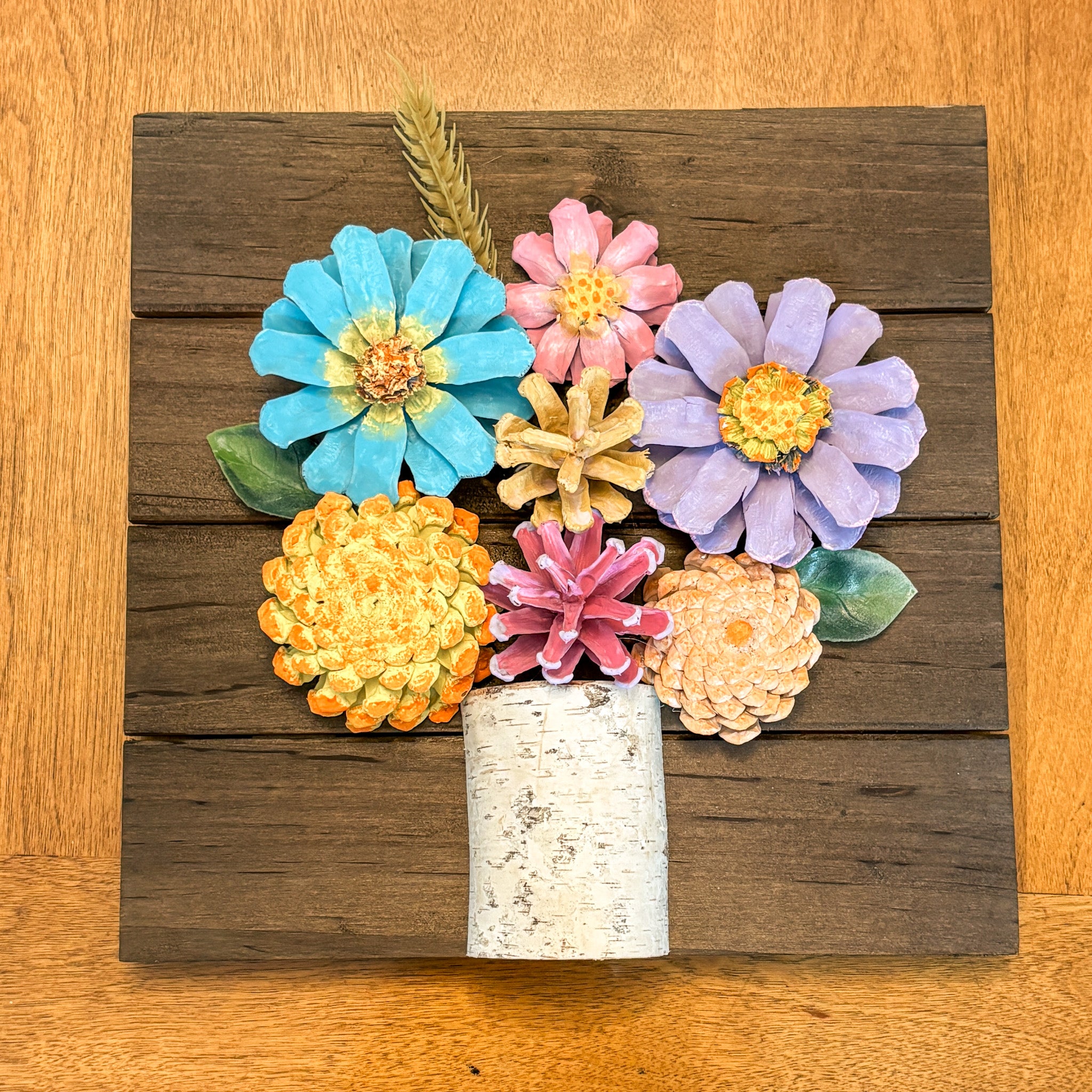 Nature-Inspired Flower Wall Art – Pinecone and Birch Handmade Piece