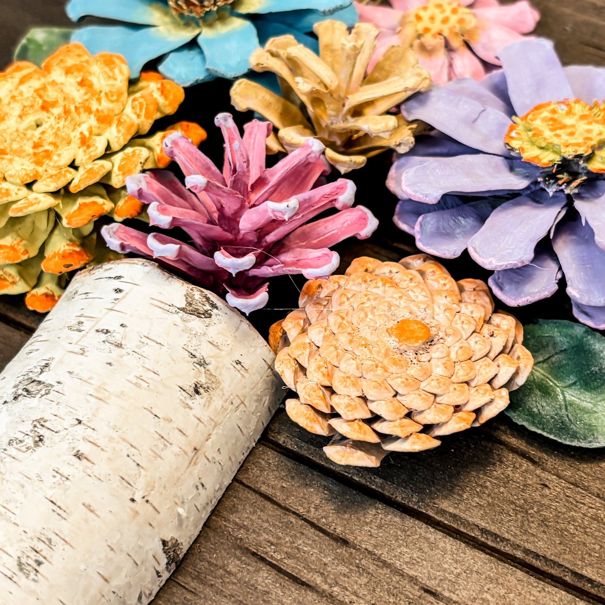 Nature-Inspired Flower Wall Art – Pinecone and Birch Handmade Piece