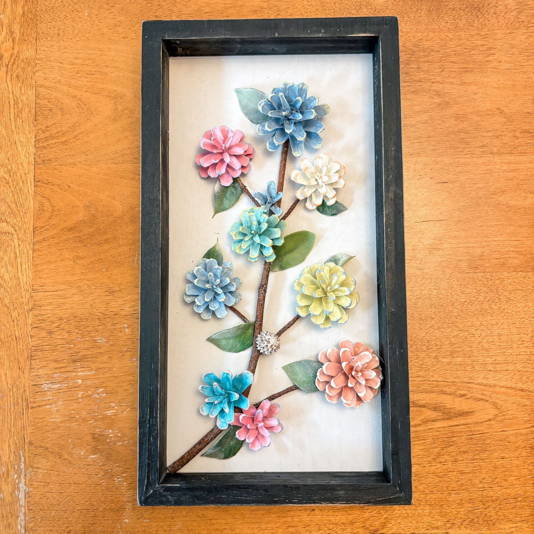 Nature-Inspired Flower Wall Art – Pinecone and Birch Handmade Piece