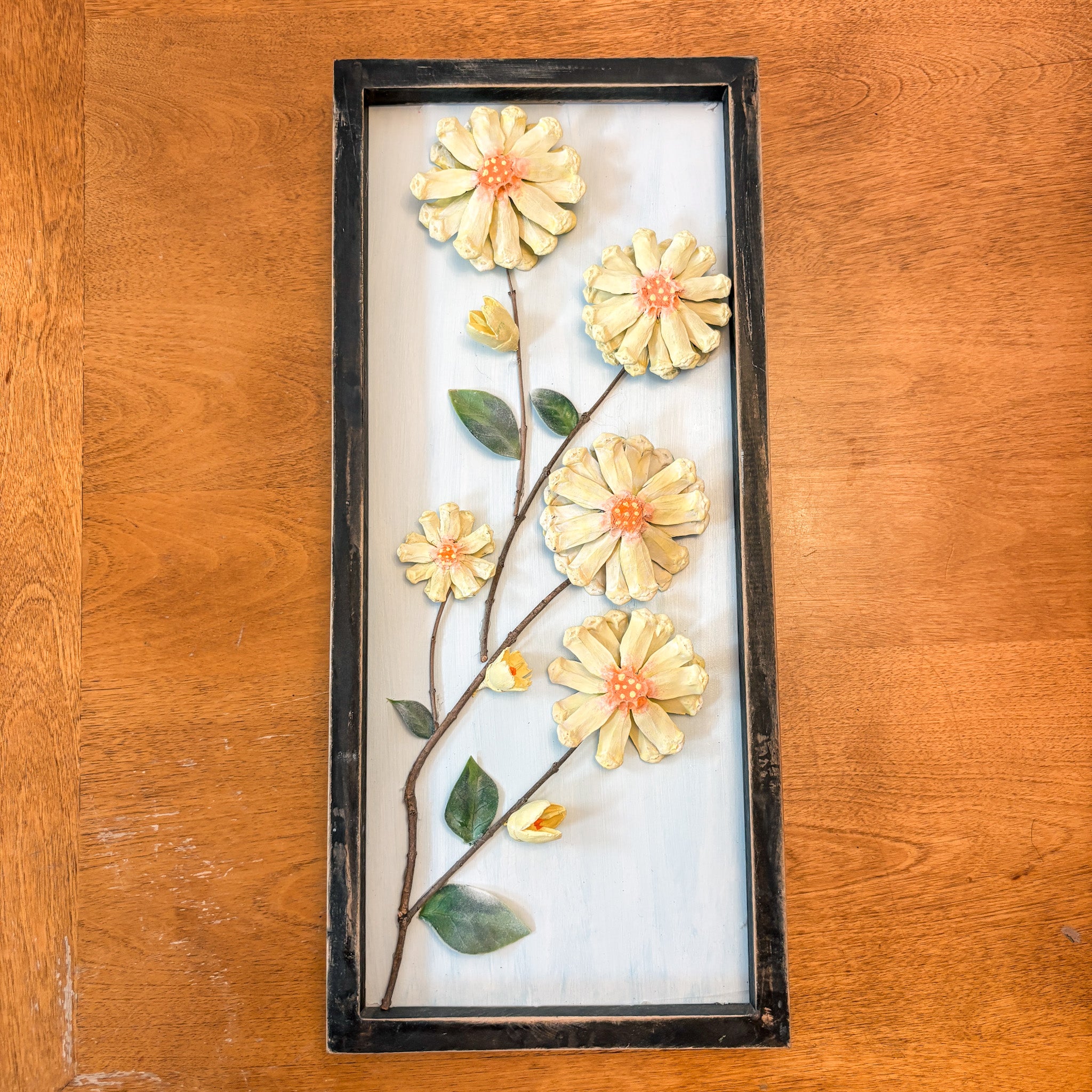Nature-Inspired Flower Wall Art – Pinecone and Birch Handmade Piece