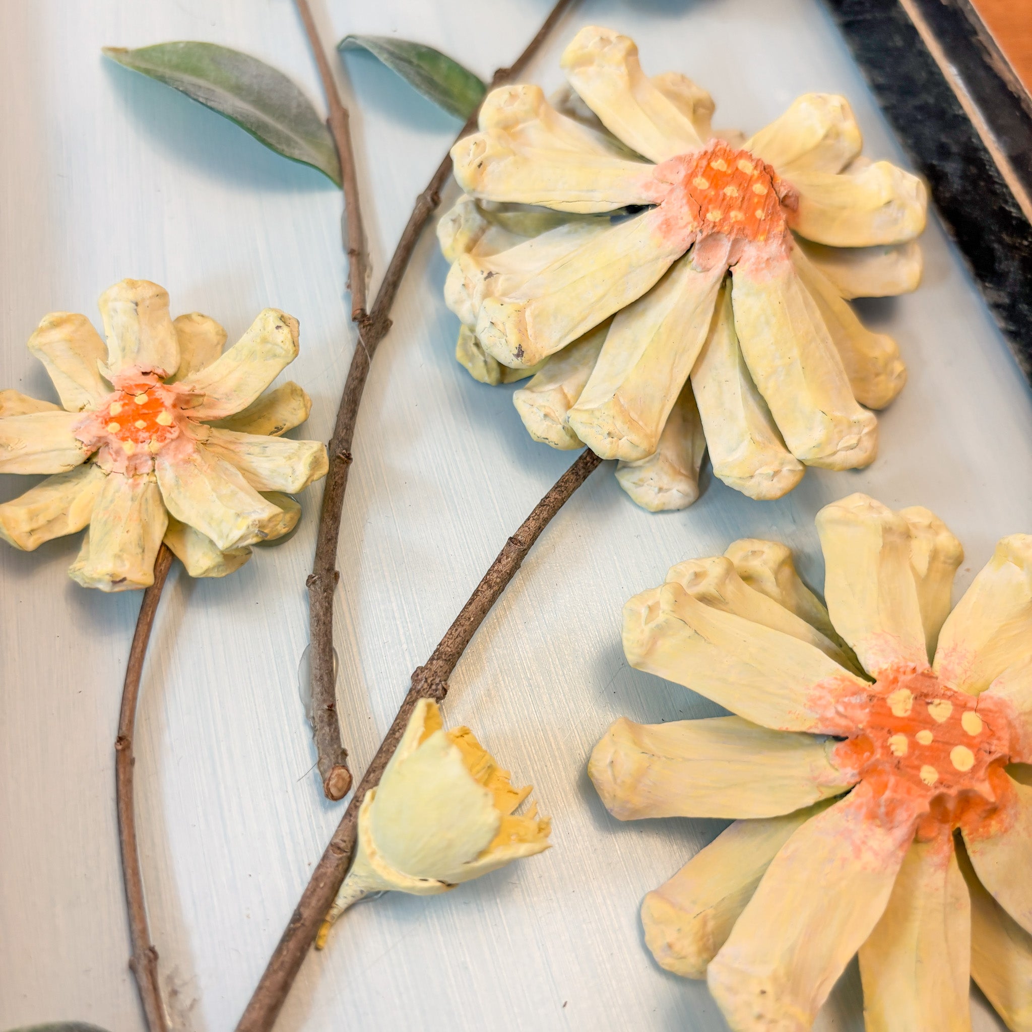 Nature-Inspired Flower Wall Art – Pinecone and Birch Handmade Piece
