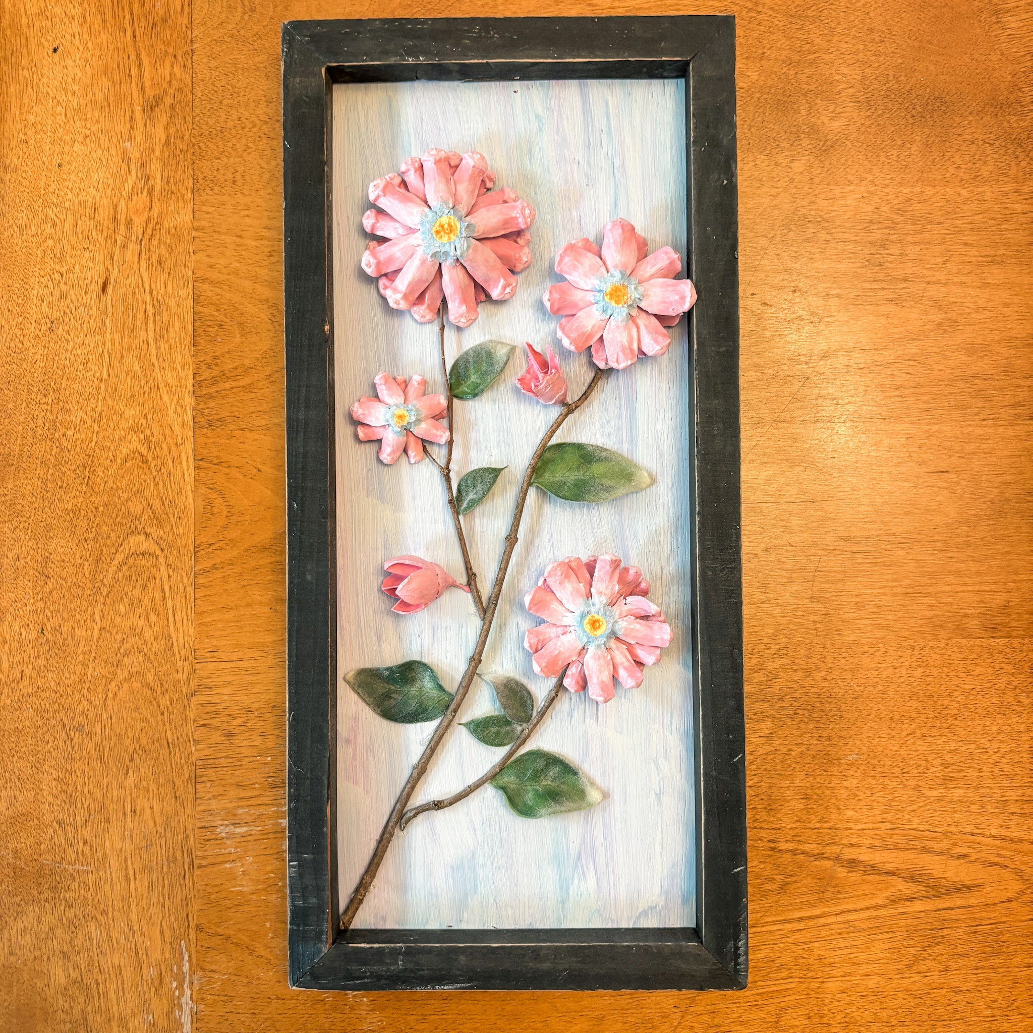Nature-Inspired Flower Wall Art – Pinecone and Birch Handmade Piece