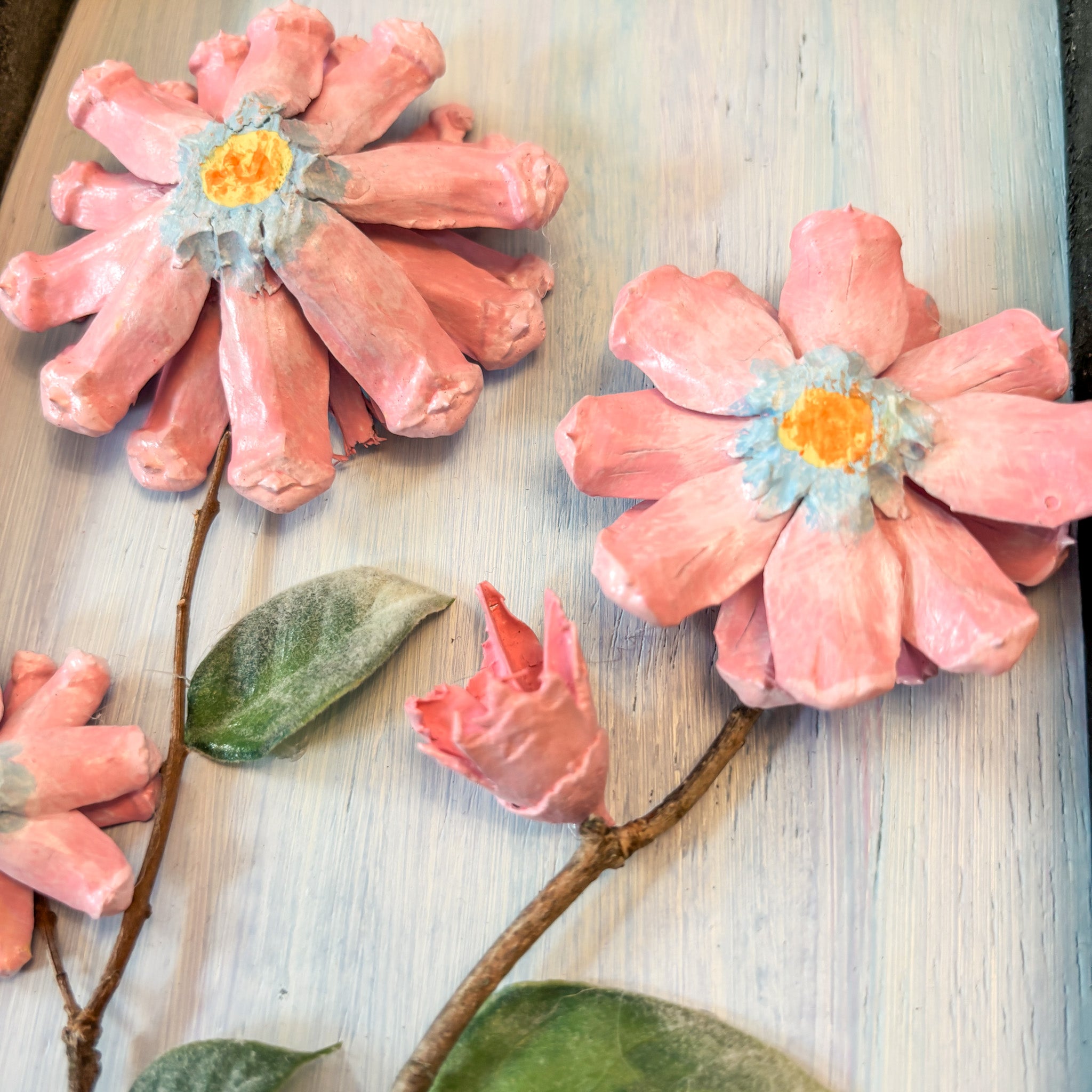 Nature-Inspired Flower Wall Art – Pinecone and Birch Handmade Piece
