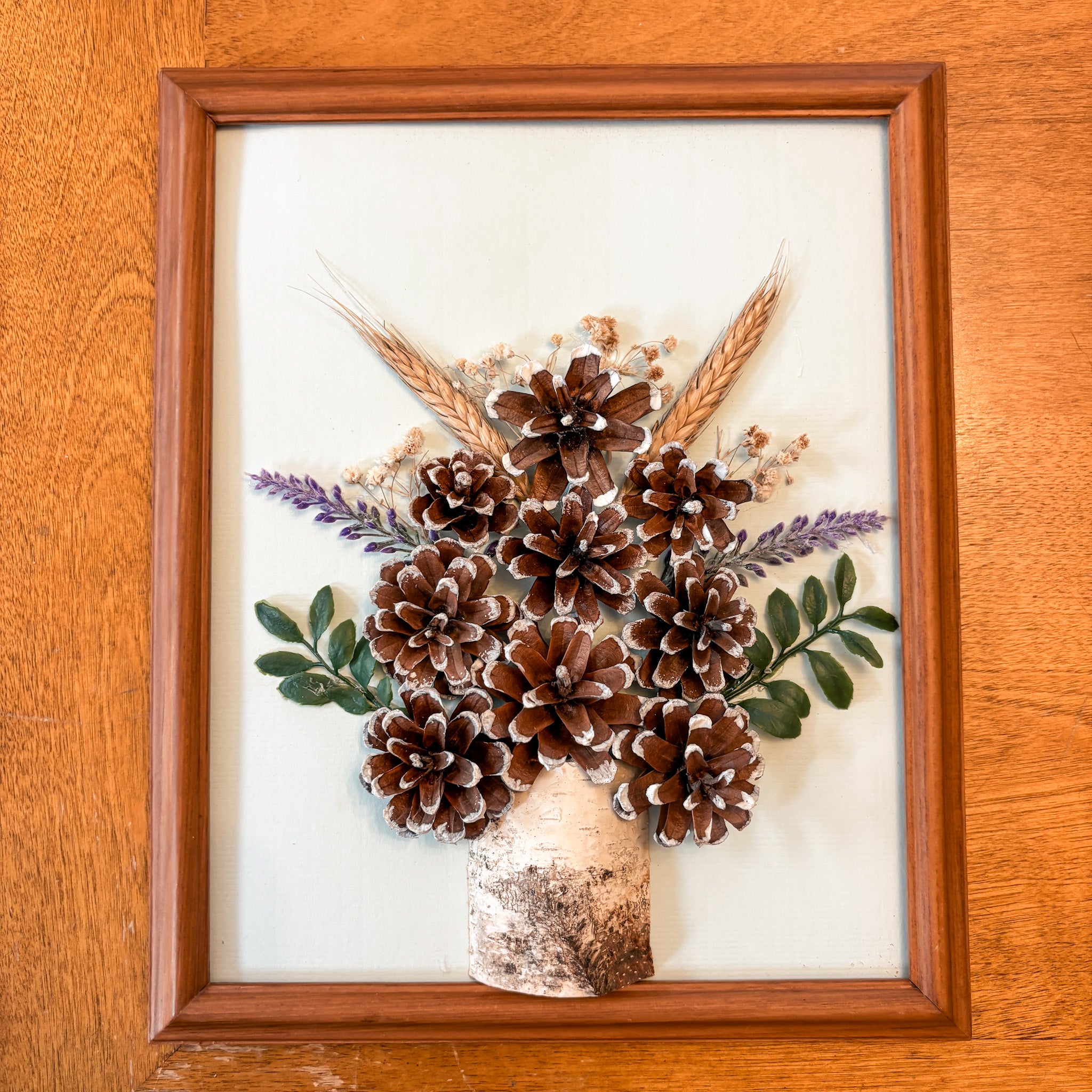 Nature-Inspired Flower Wall Art – Pinecone and Birch Handmade Piece