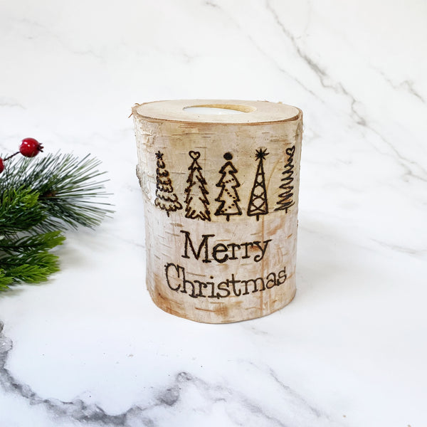 Handcrafted All Natural Birch Wood Candle - Merry Christmas Trees
