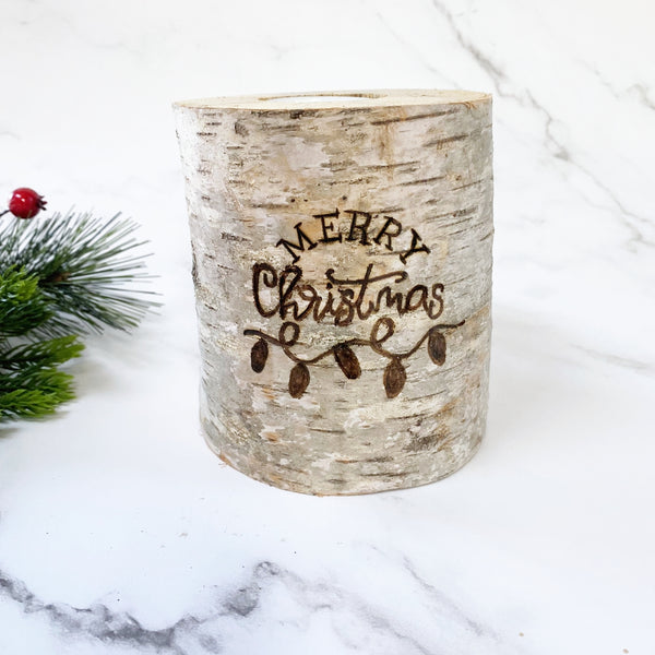 Handcrafted All Natural Birch Wood Candle - Merry Christmas Lights