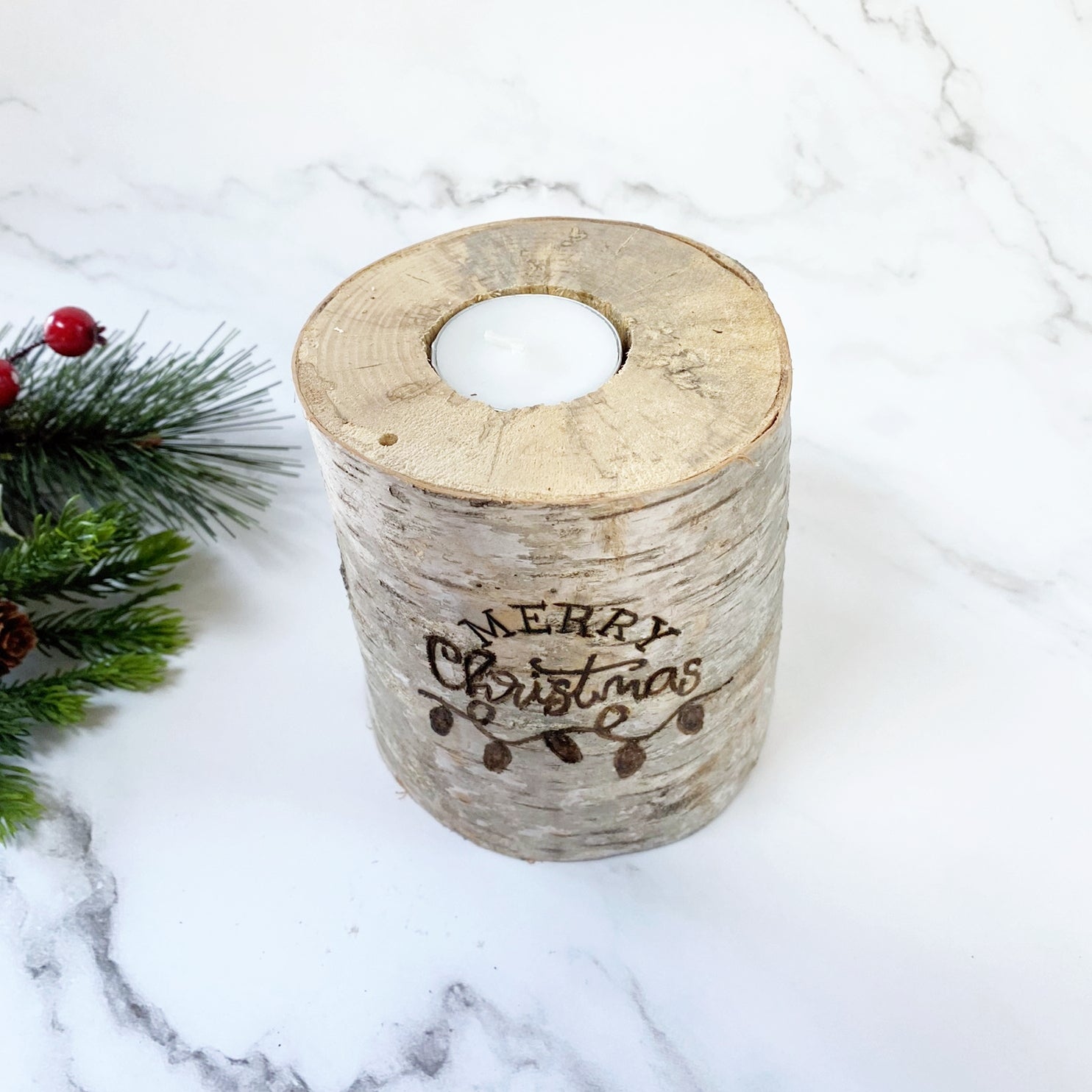 Handcrafted All Natural Birch Wood Candle - Merry Christmas Lights