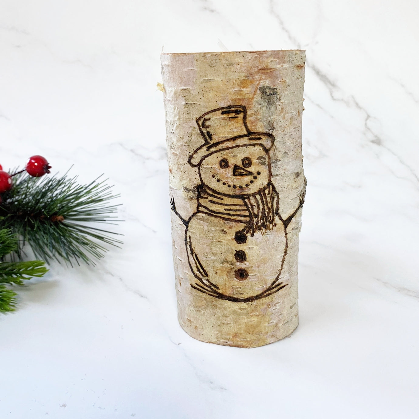 Handcrafted All Natural Birch Wood Candle - Snowman