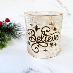 Handcrafted All Natural Birch Wood Decorative Christmas Candle - Believe