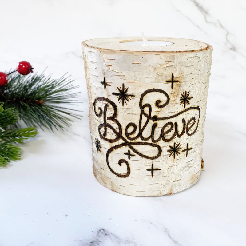 Handcrafted All Natural Birch Wood Decorative Christmas Candle - Believe