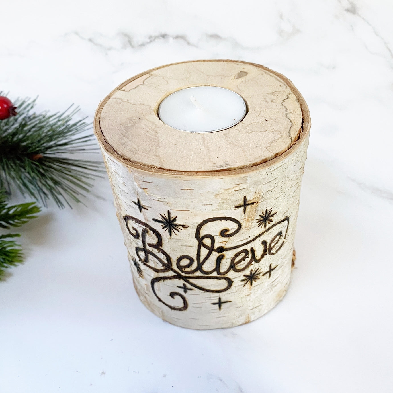 Handcrafted All Natural Birch Wood Decorative Christmas Candle - Believe