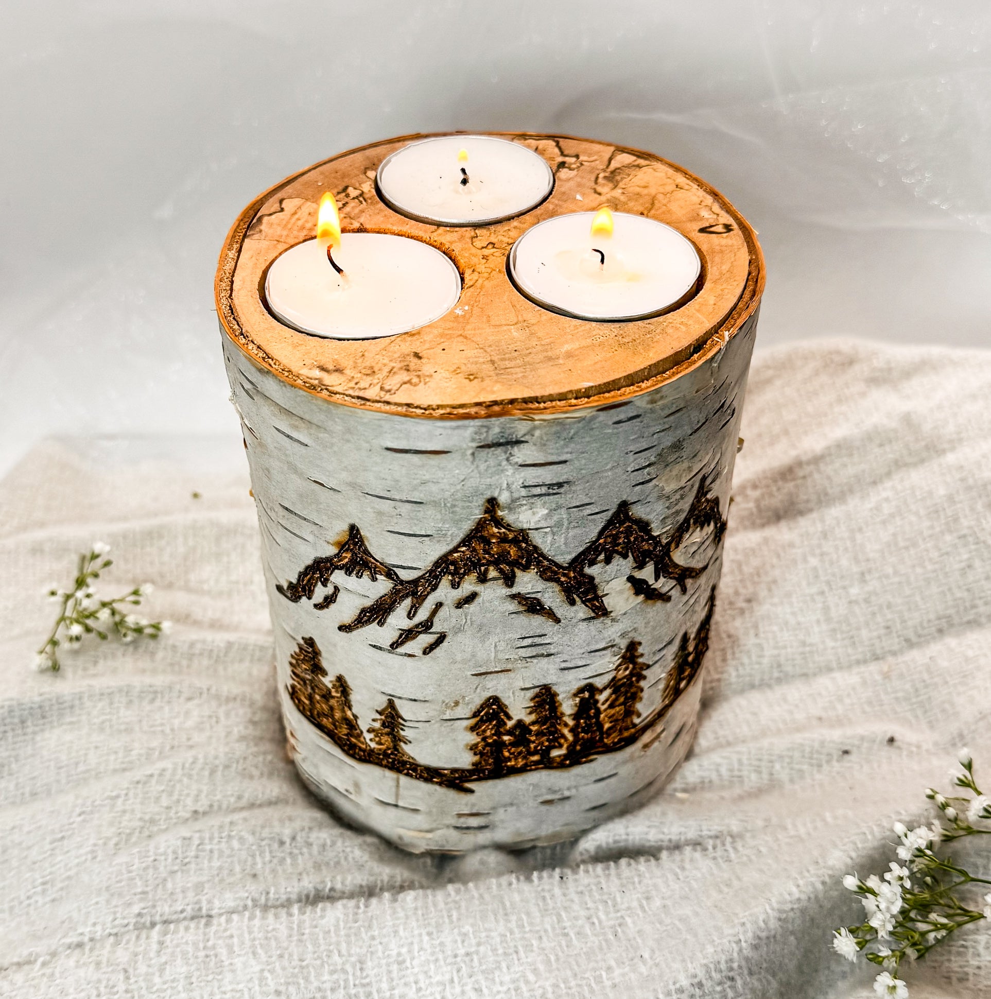 Handcrafted Birch Wood Candle Holder - XL Mountain Scenery