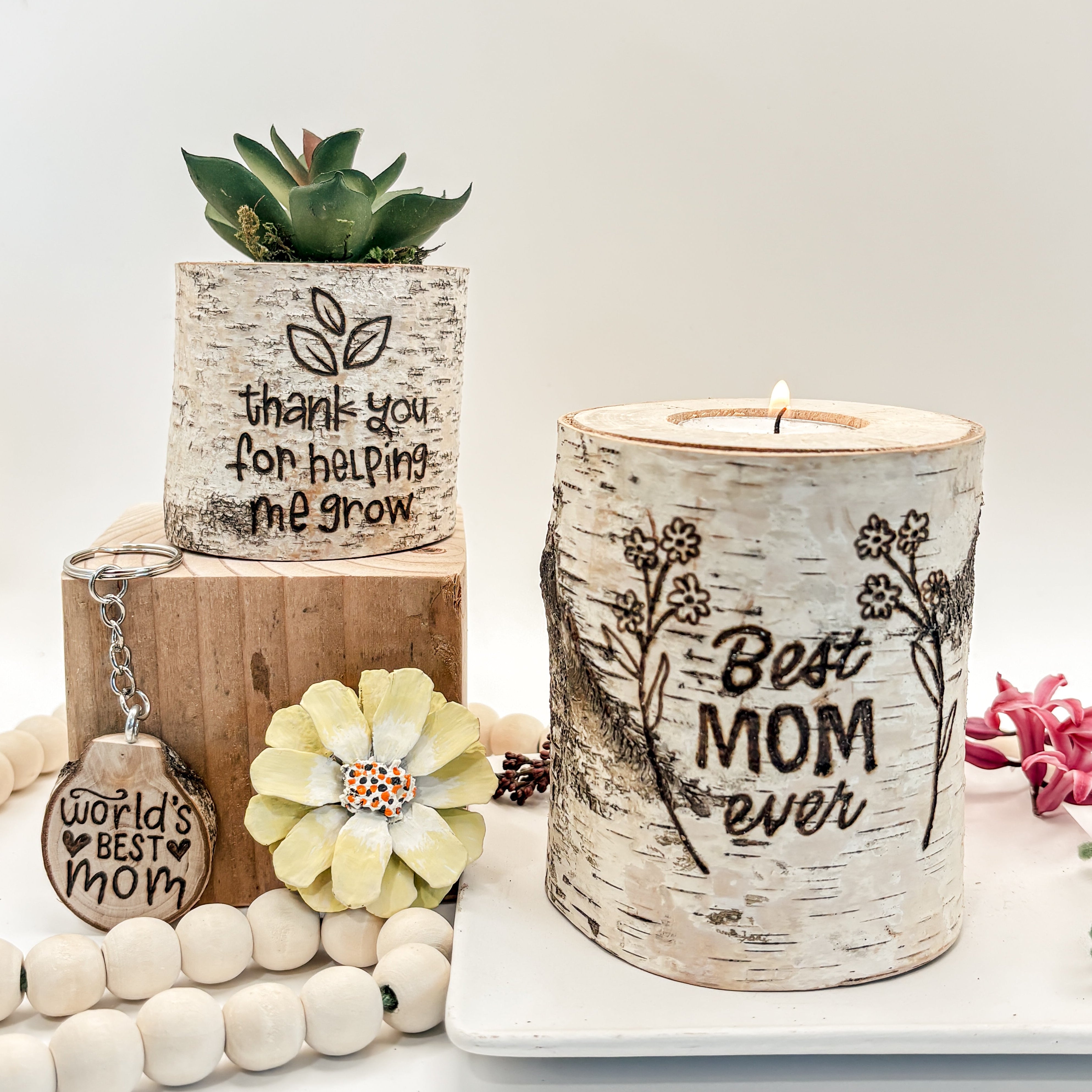 mothers day gift set with birch candle and birch planter and magnet and keychain