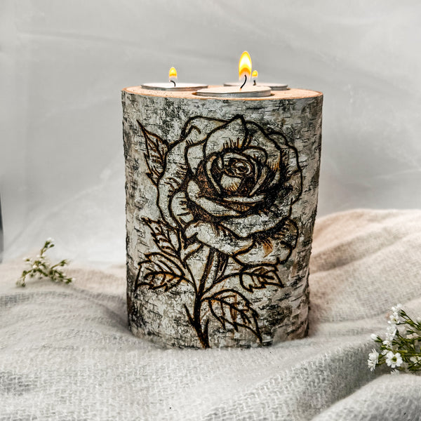 Handcrafted XL Birch Wood Candle Holder - Rose