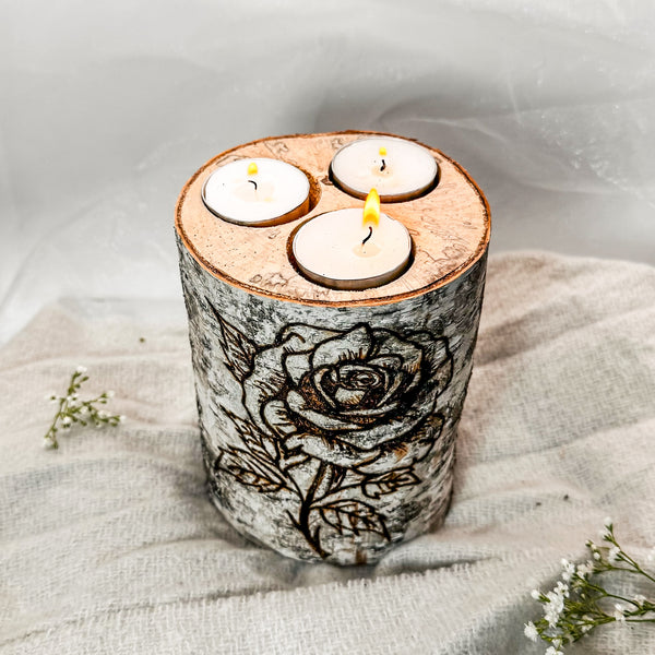 Handcrafted XL Birch Wood Candle Holder - Rose