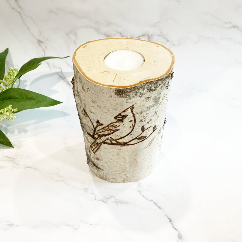 Handcrafted All Natural Birch Wood Memorial Candle - Cardinal