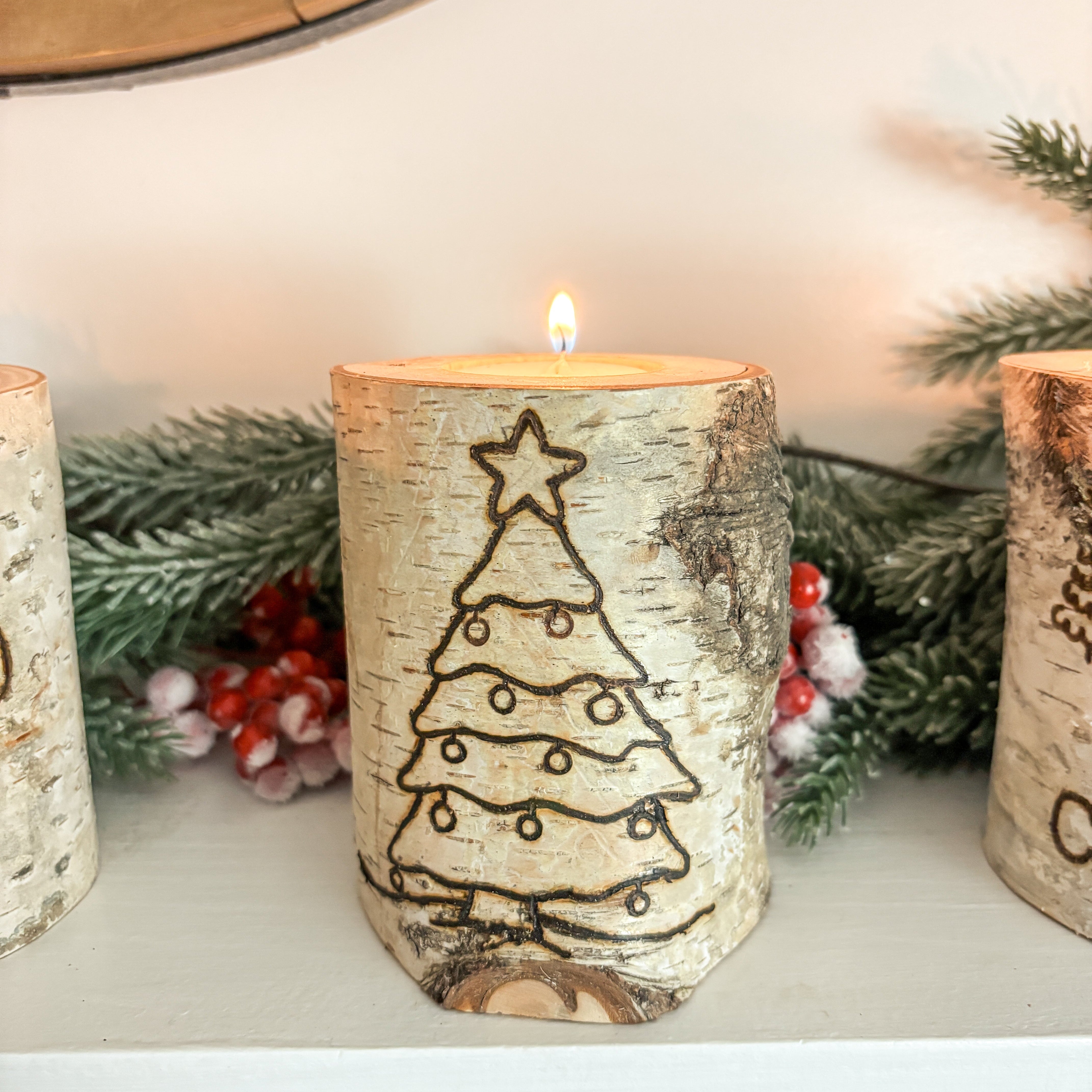 Handcrafted All Natural Birch Wood Decorative Holiday Candle - Christmas Tree