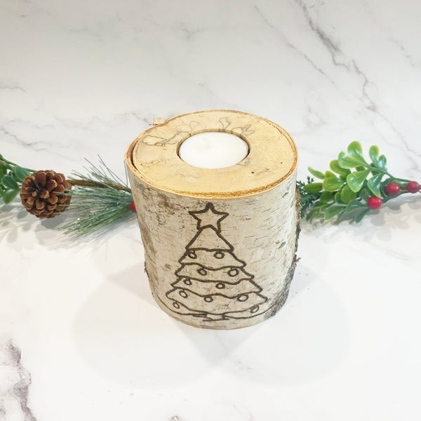 Handcrafted All Natural Birch Wood Decorative Holiday Candle - Christmas Tree