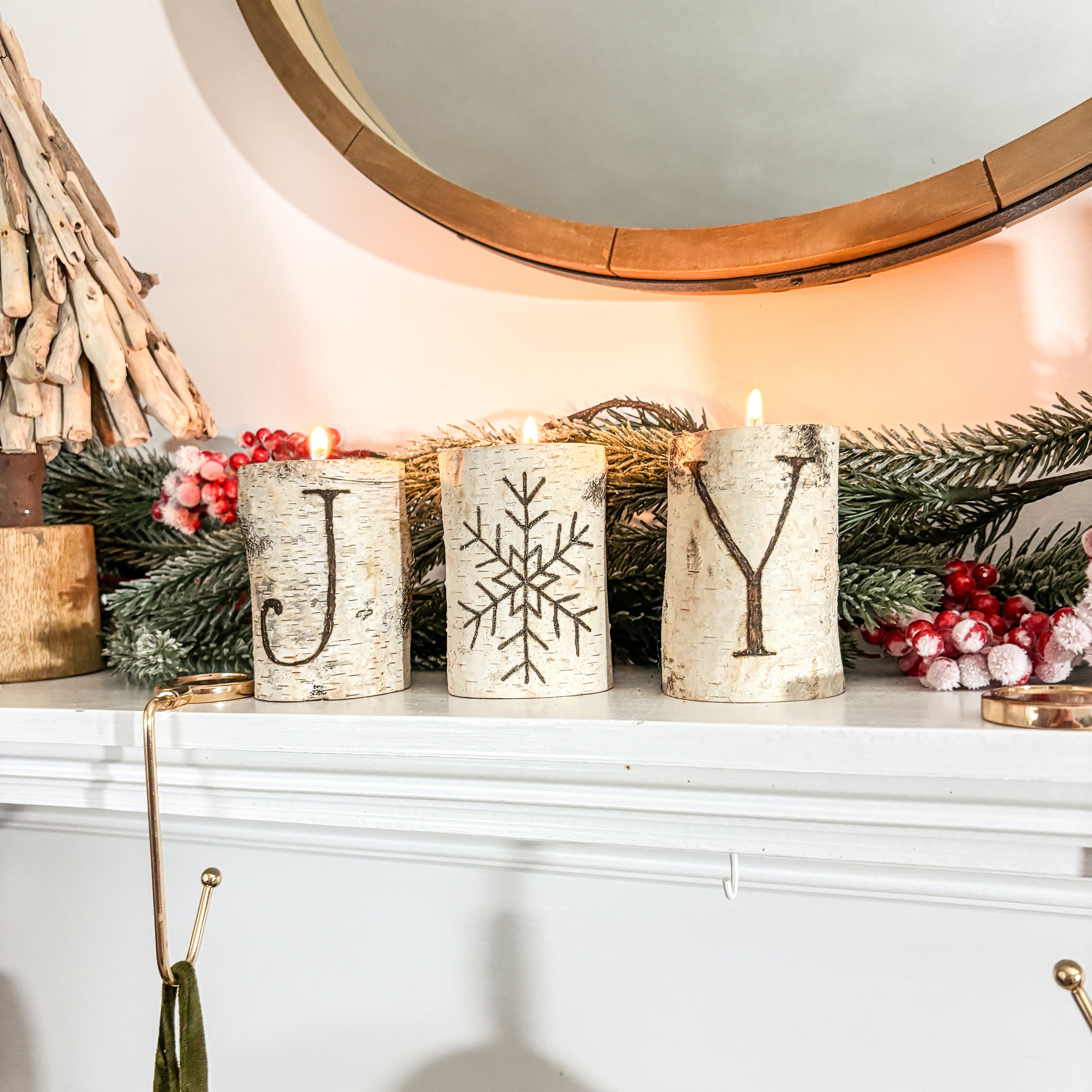 Birch candle holder set of 3 each hand burned with JOY and a snowflake