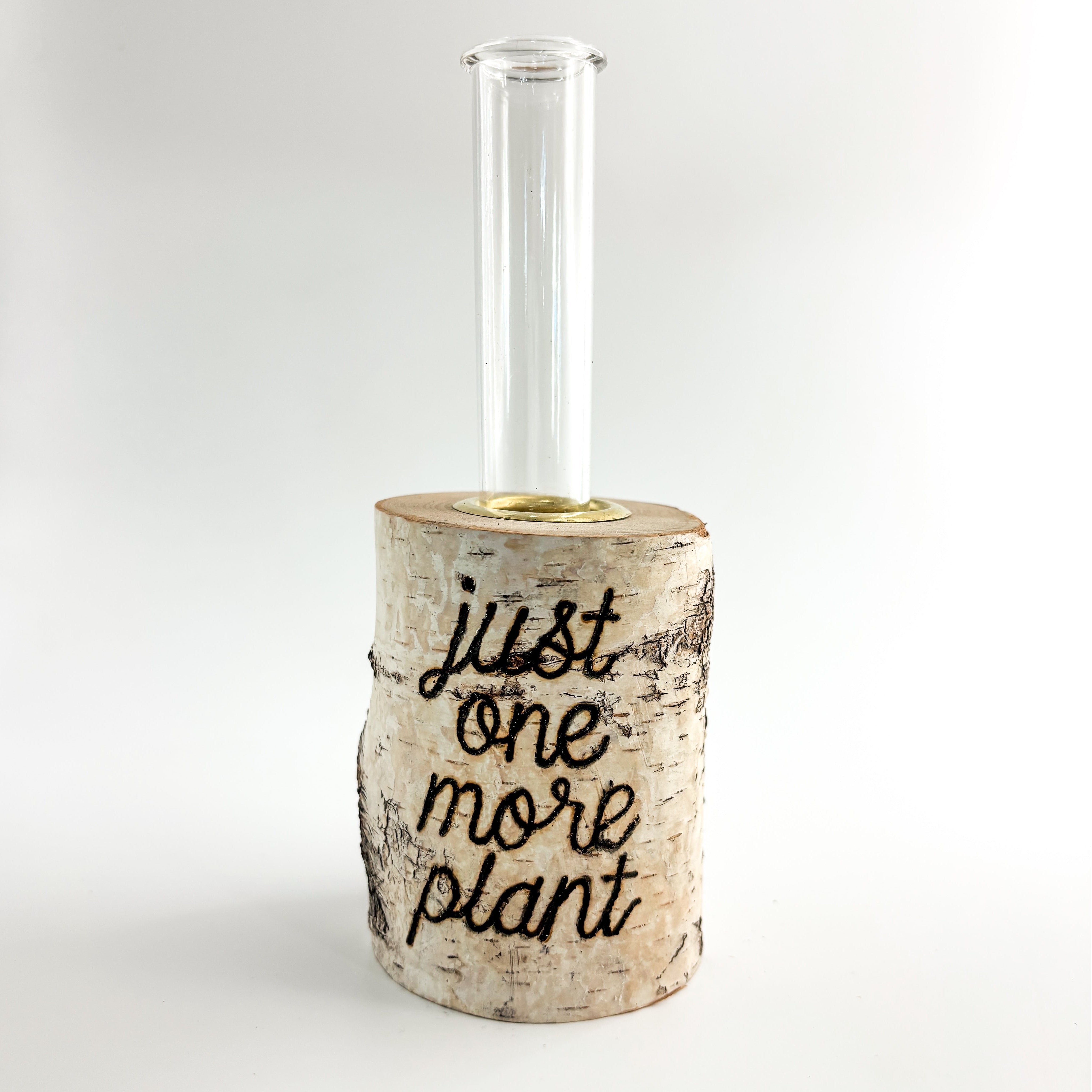 Decorative vase with 'just one more plant' text on a white background
