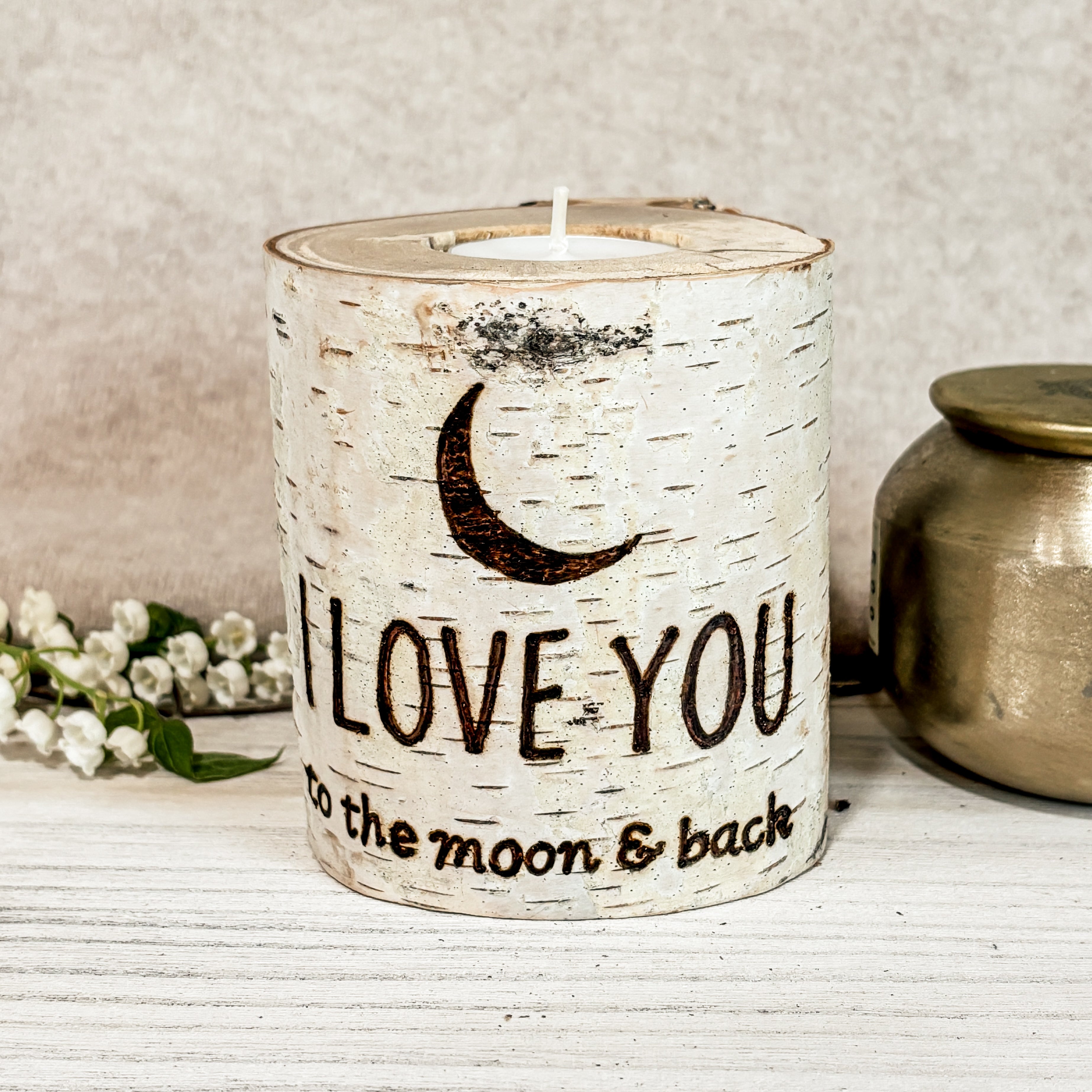 Handcrafted All Natural Birch Wood Candle - I Love You To The Moon and Back