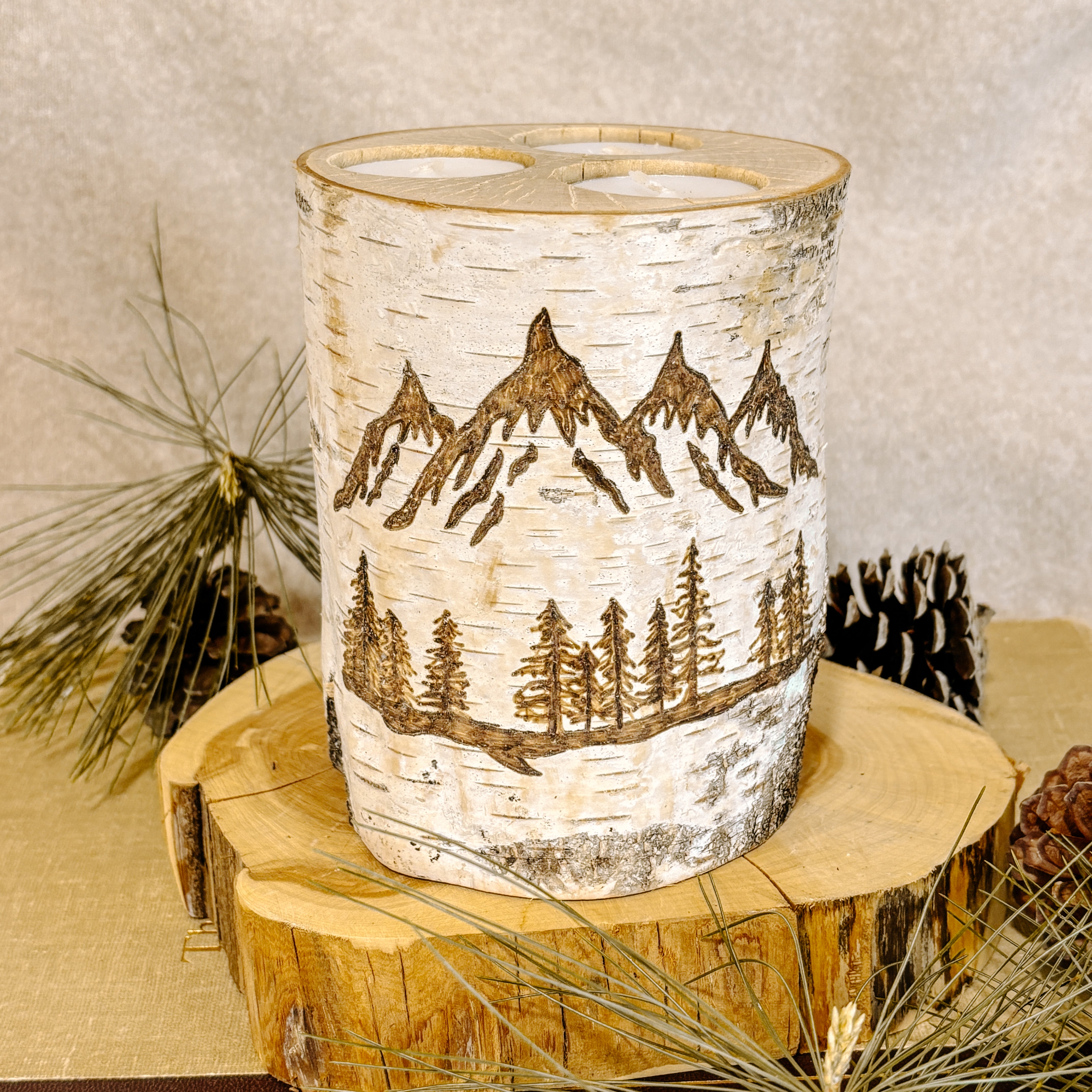 Handcrafted Birch Wood Candle Holder - XL Mountain Scenery