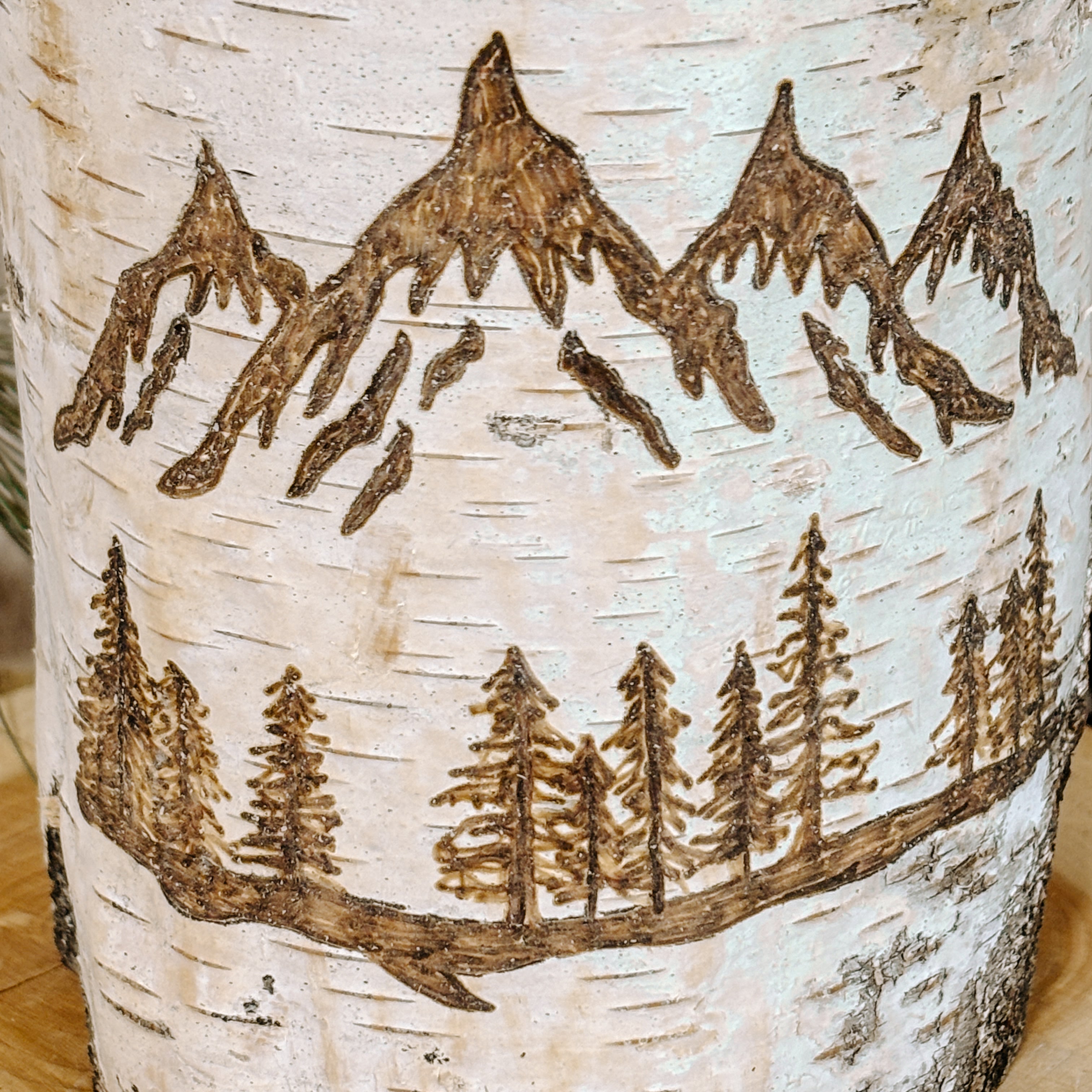 Handcrafted Birch Wood Candle Holder - XL Mountain Scenery