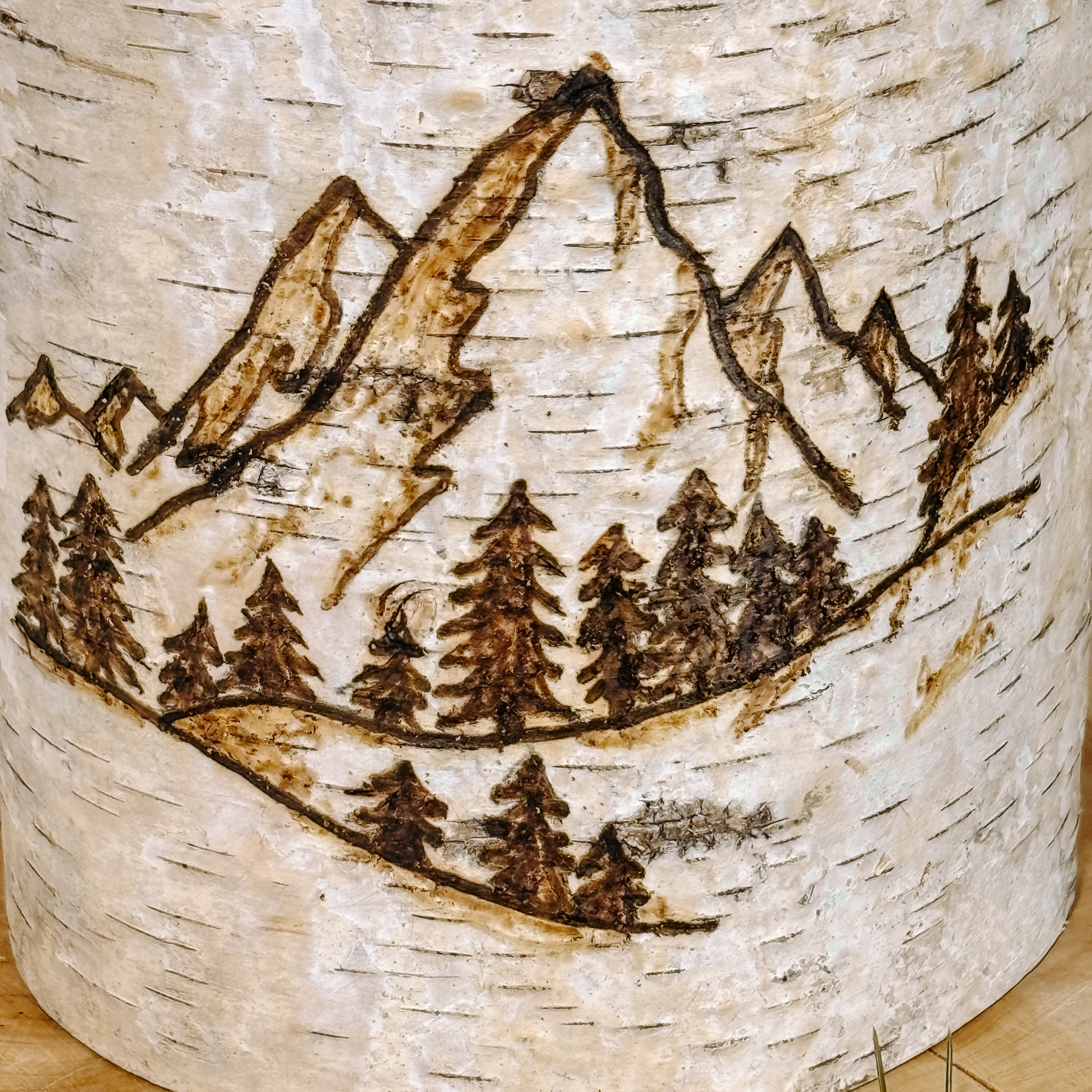 Handcrafted Birch Wood Candle Holder - Mountains