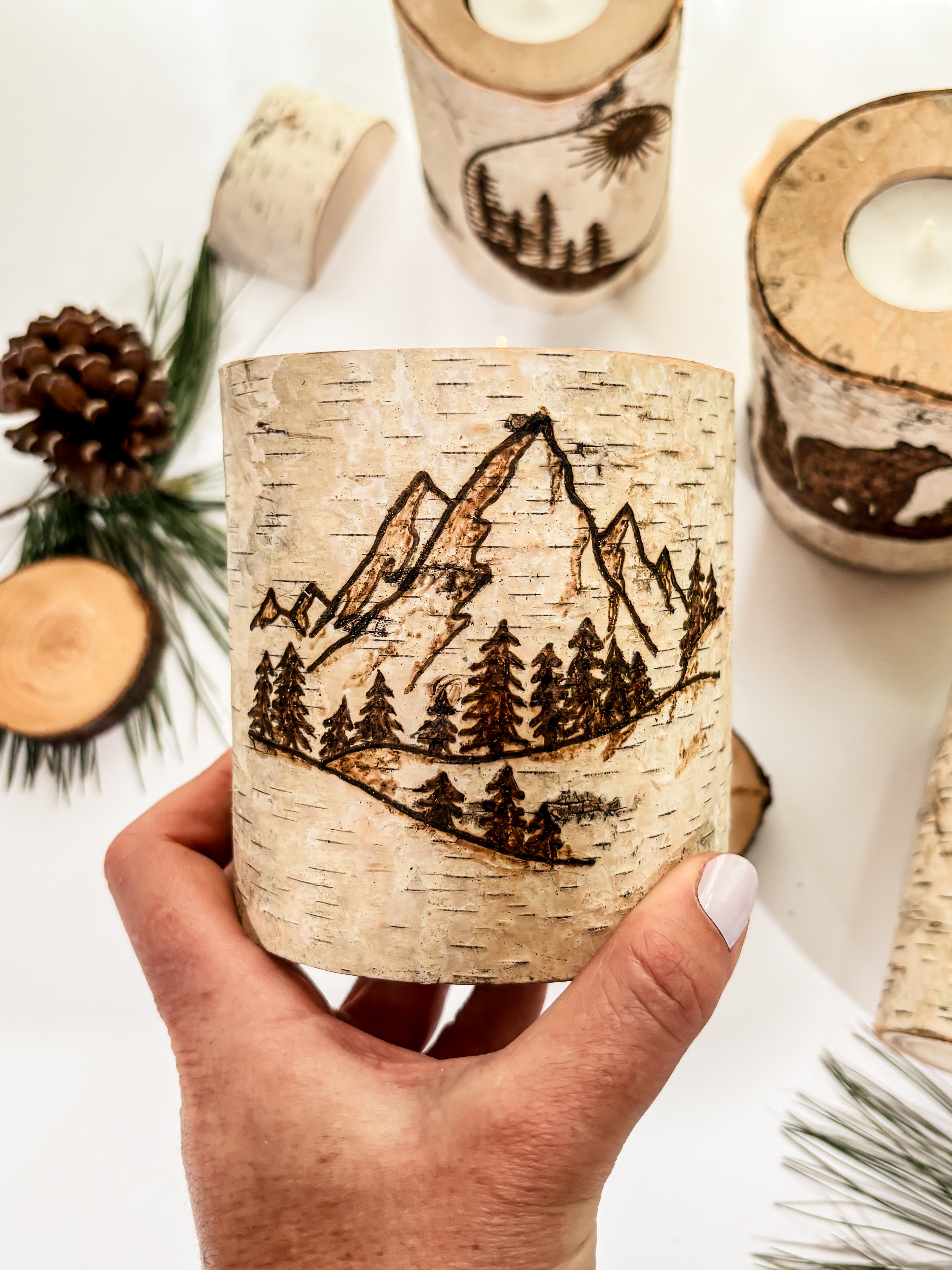Handcrafted Birch Wood Candle Holder - Mountains