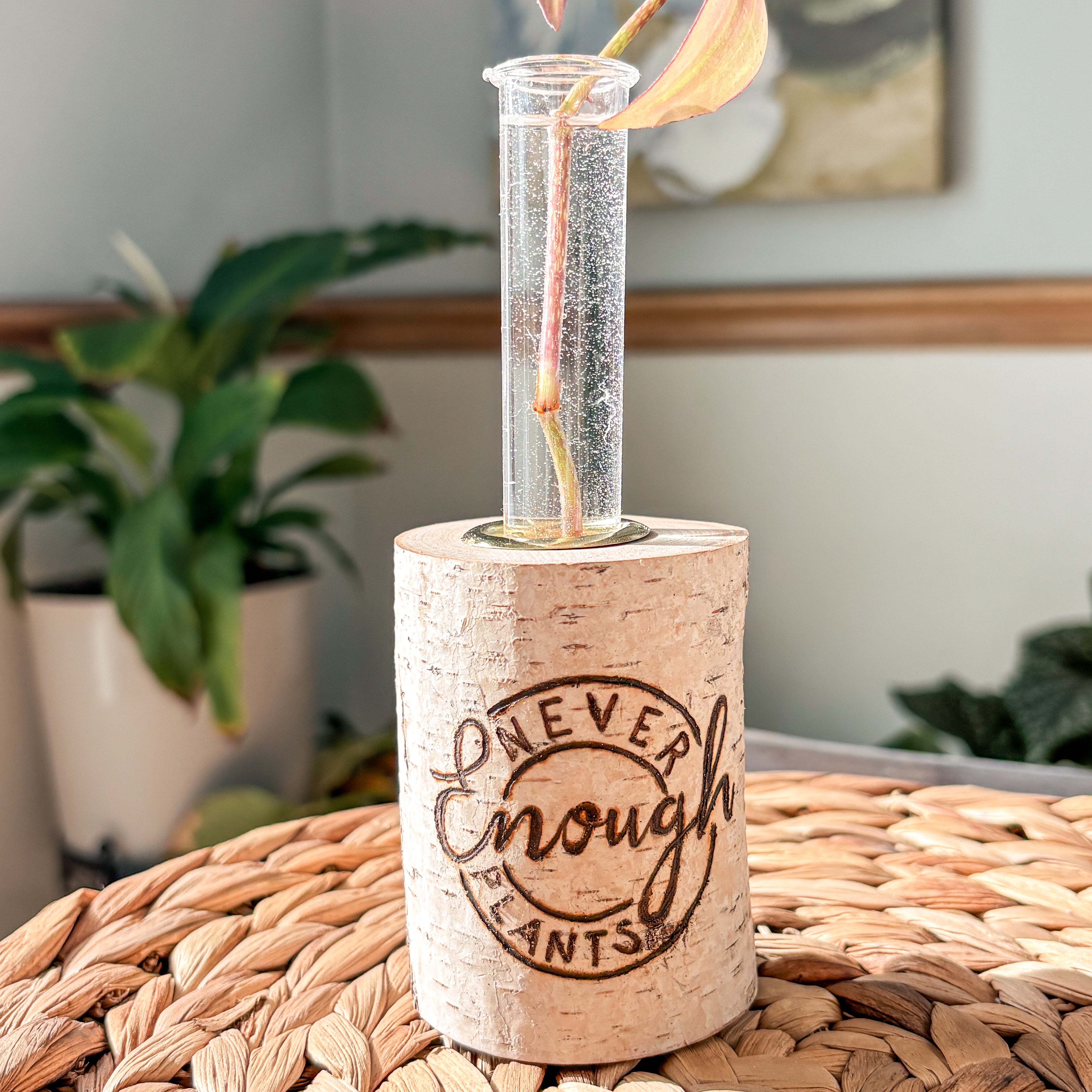 birch vase with plant cuttings propagation station on a woven surface, with 'Never Enough Plants' text.