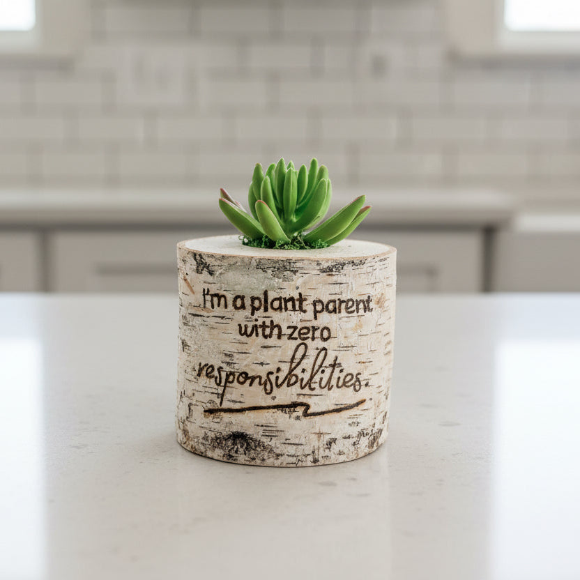 Small potted succulent in a decorative pot with text on a kitchen counter