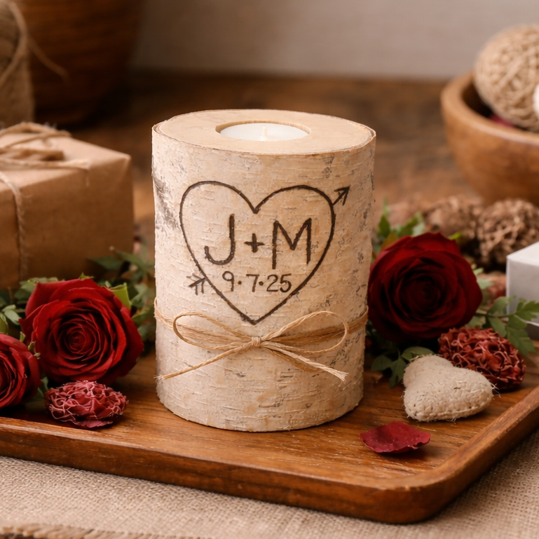 Wooden candle holder with 'J+M' engraving surrounded by red roses on a wooden tray.