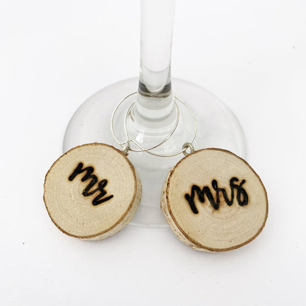 Wood Slice Mr and Mrs Wine Charms - JV Country Creations