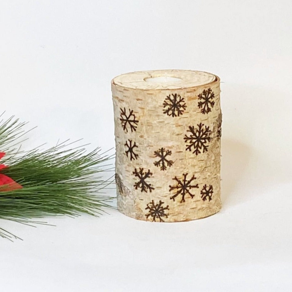 Snowflake Holiday Birch Wood Candle