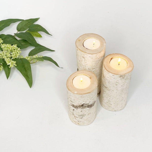 Set of Three Birch Wood Candle Holders