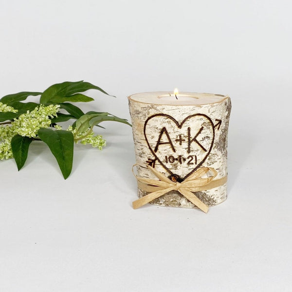 Personalized Birch Wood Candle Holder with Initials and Date in Heart