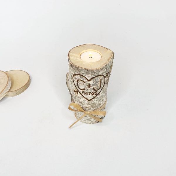 Handcrafted Birch Wood Candle Holder with Initials and Wedding Date