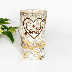 Handcrafted Birch Wood Candle Holder with Initials and Wedding Date
