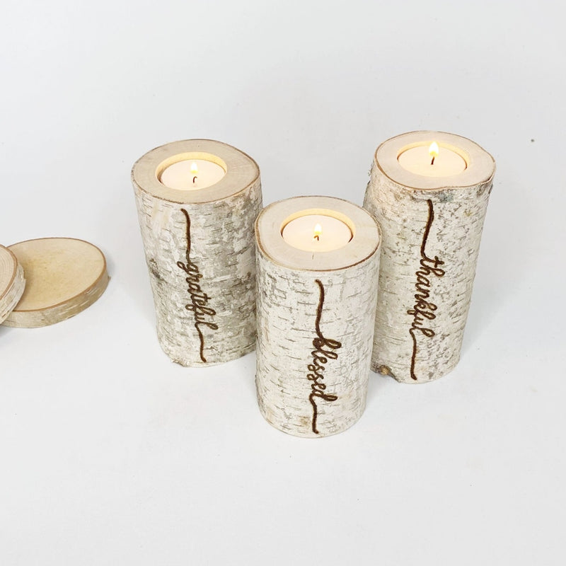 Thankful Grateful Blessed Birch Wood Candle Set