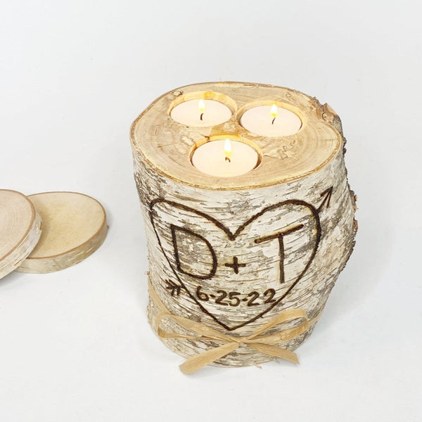 Three Tea Light Personalized Birch Wood Candle