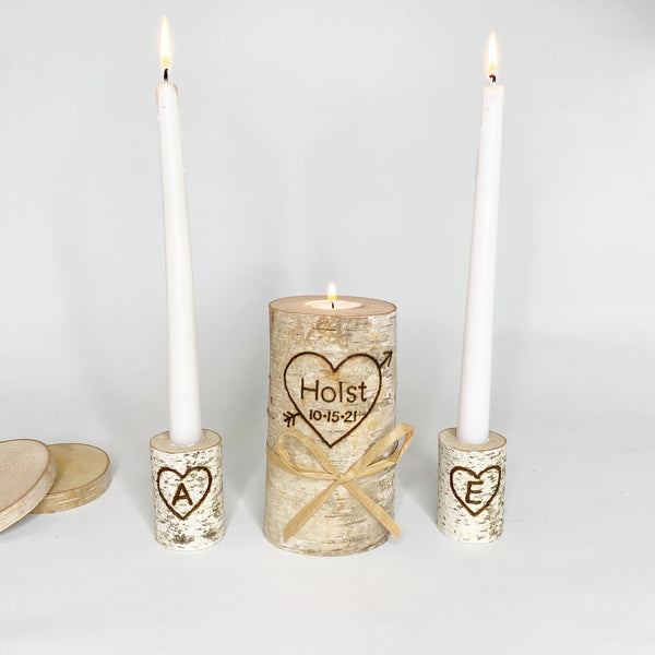 Birch Wood Unity Candle Set with Last Name